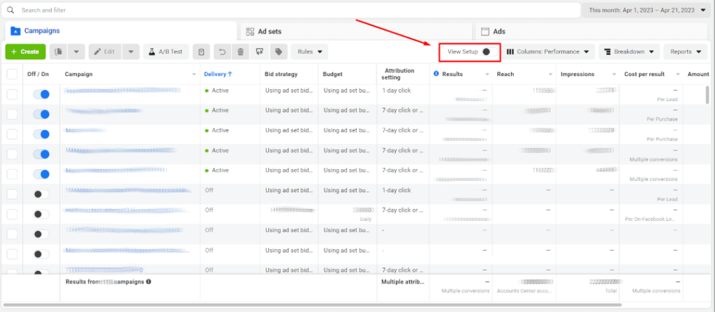 The campaign dashboard on Facebook ads manager.