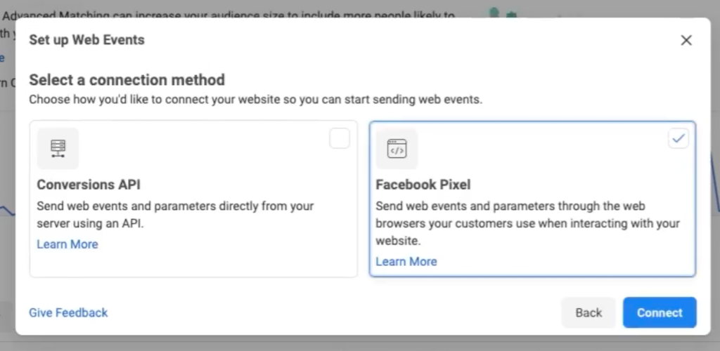 A screenshot of the Facebook pixel component of Facebook ads.