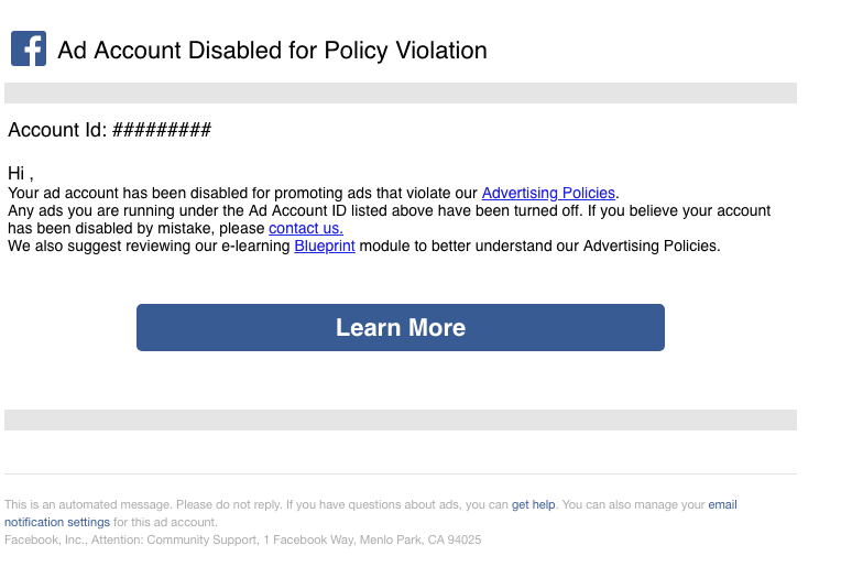 A screenshot depicting the message that appears when you violate a Facebook ads policy.