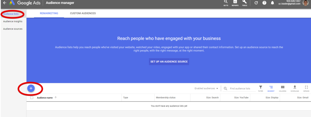 A screenshot of audience lists on Google Ads. 