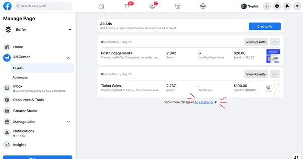 A screenshot of the ads manager on Facebook.