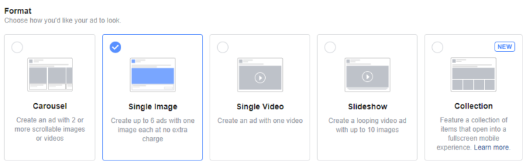 An screenshot displaying the different types of Facebook ad creatives. 
