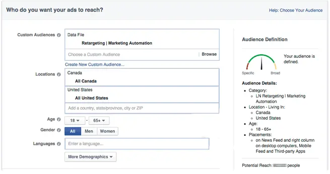 A screenshot of the audience segmentation on Facebook business manager.