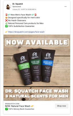 A screenshot of an ad for Dr. Squatch from the Facebook ads library.