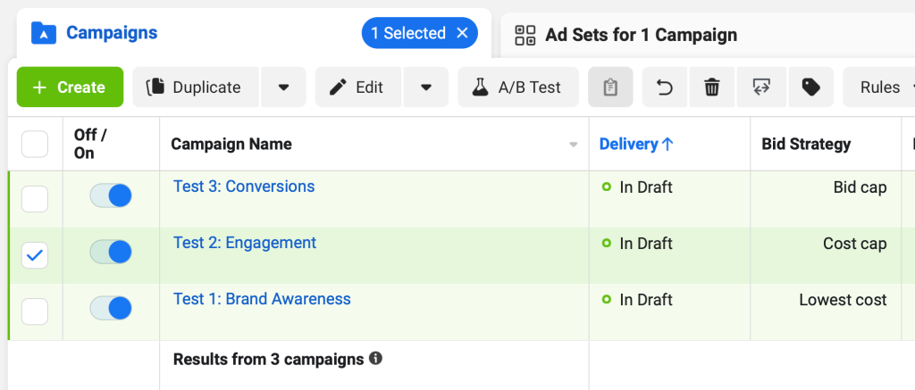 A screenshot of Facebook ad campaign.