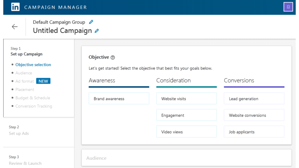 A screenshot of the LinkedIn ads campaign manager.