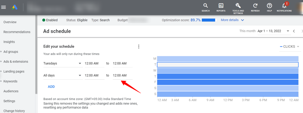 An example of an ad schedule for Google campaigns. 